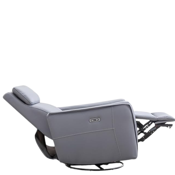 Blue grey power swivel rocker recliner with 270° swivel, smooth gliding recline, USB charging port, and durable faux leather fabric. Supports up to 350 lbs, perfect for living room, bedroom, or nursery. Easy assembly and quiet motor.