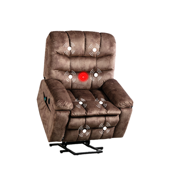 Caramel brown large power lift recliner with 8-point massage, lumbar heating, USB ports, cup holders, and adjustable backrest. Supports up to 340 lbs, ideal for seniors and those with limited mobility. Ergonomic design for maximum comfort and easy assembly.