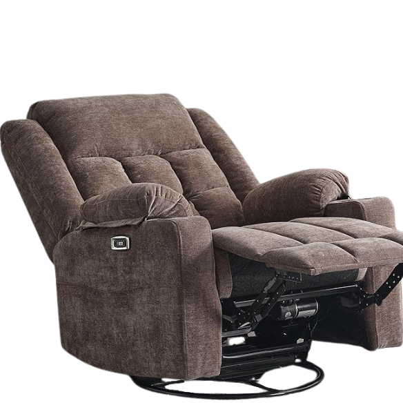 Coffee brown recliner with swivel, heat, massage, cup holders, and footrest. Wing-back design, durable wood & metal frame, ideal for relaxation and modern décor.