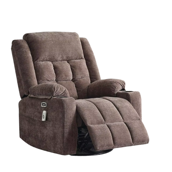 Coffee brown recliner with swivel, heat, massage, cup holders, and footrest. Wing-back design, durable wood & metal frame, ideal for relaxation and modern décor.