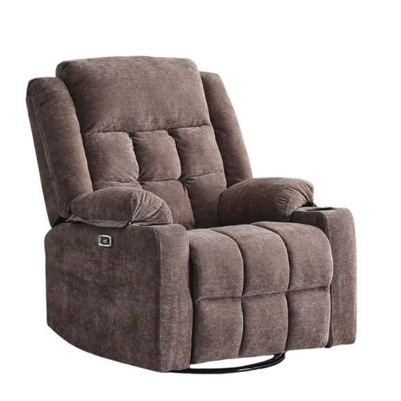 Coffee brown recliner with swivel, heat, massage, cup holders, and footrest. Wing-back design, durable wood & metal frame, ideal for relaxation and modern décor.