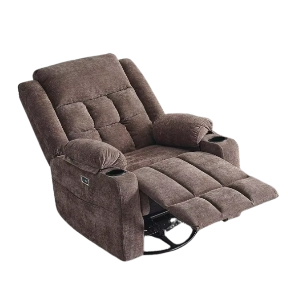 Coffee brown recliner with swivel, heat, massage, cup holders, and footrest. Wing-back design, durable wood & metal frame, ideal for relaxation and modern décor.
