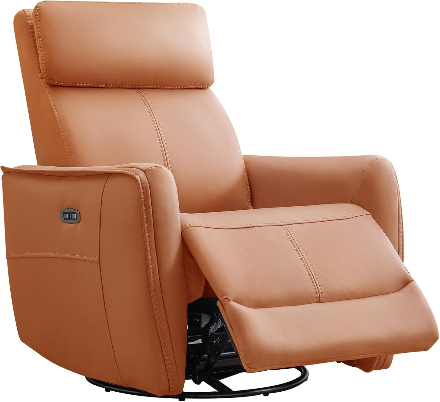 Vermilion Orange Power Swivel Rocker Recliner with 270° swivel, smooth gliding recline, USB charging port, and durable faux leather fabric. Supports up to 350 lbs, perfect for living room, bedroom, or nursery. Easy assembly and quiet motor.