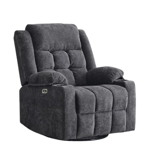 Dark Grey Power Recliner with Swivel, Heat, Massage, Cup Holders, Footrest, and USB Charging Ports. Comfortable wing-back design with textile upholstery, easy assembly, and 350 lbs weight capacity.