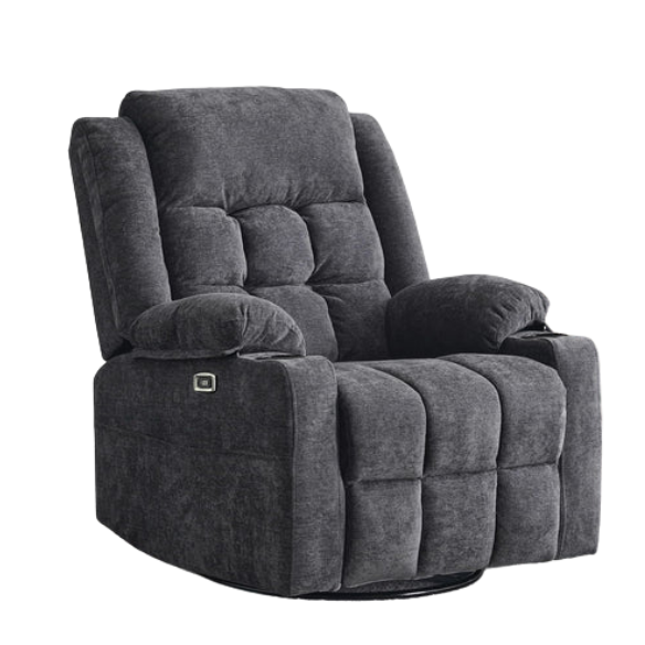 Dark Grey Power Recliner with Swivel, Heat, Massage, Cup Holders, Footrest, and USB Charging Ports. Comfortable wing-back design with textile upholstery, easy assembly, and 350 lbs weight capacity.