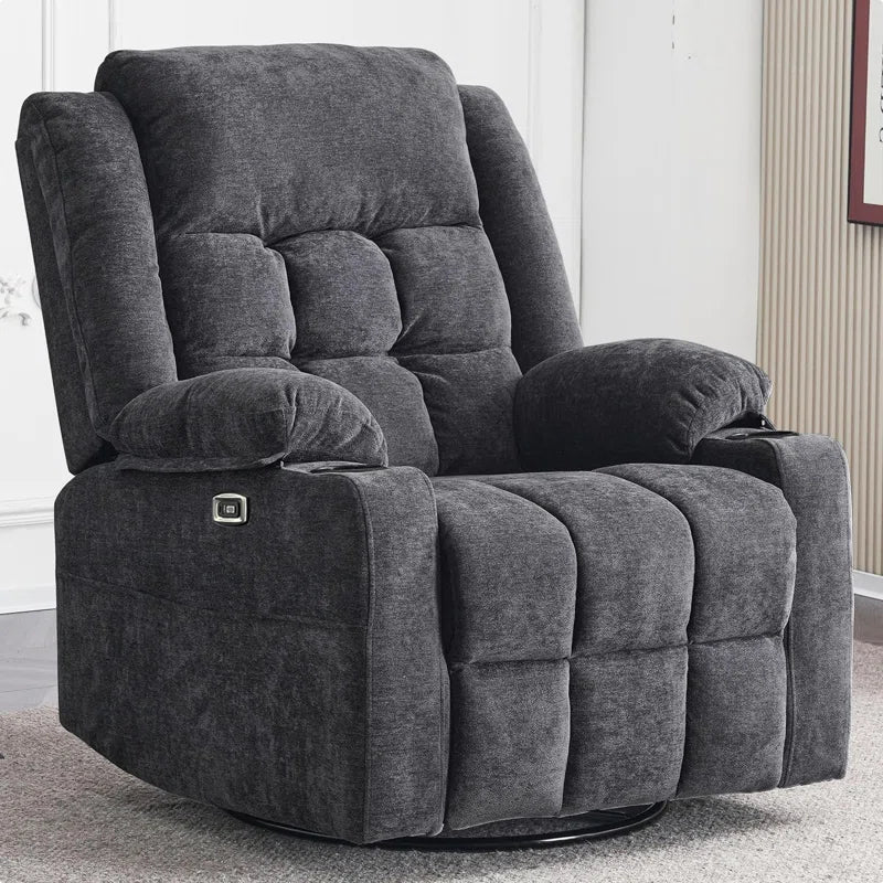 Dark Grey Power Recliner with Swivel, Heat, Massage, Cup Holders, Footrest, and USB Charging Ports. Comfortable wing-back design with textile upholstery, easy assembly, and 350 lbs weight capacity.