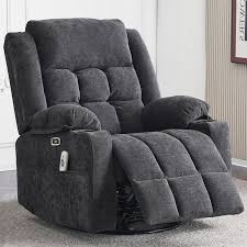 Dark Grey Power Recliner with Swivel, Heat, Massage, Cup Holders, Footrest, and USB Charging Ports. Comfortable wing-back design with textile upholstery, easy assembly, and 350 lbs weight capacity.