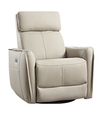 Neutral power swivel rocker recliner with 270° swivel, smooth gliding recline, USB charging port, and durable faux leather fabric. Supports up to 350 lbs, perfect for living room, bedroom, or nursery. Easy assembly and quiet motor.
