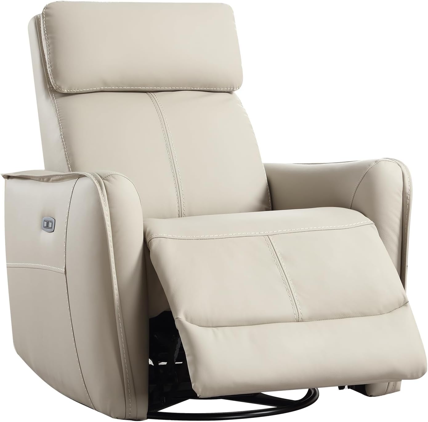 Neutral power swivel rocker recliner with 270° swivel, smooth gliding recline, USB charging port, and durable faux leather fabric. Supports up to 350 lbs, perfect for living room, bedroom, or nursery. Easy assembly and quiet motor.