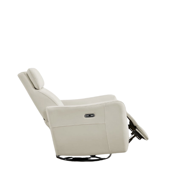 Cream white power swivel rocker recliner with 270° swivel, smooth gliding recline, USB charging port, and durable faux leather fabric. Supports up to 350 lbs, perfect for living room, bedroom, or nursery. Easy assembly and quiet motor.