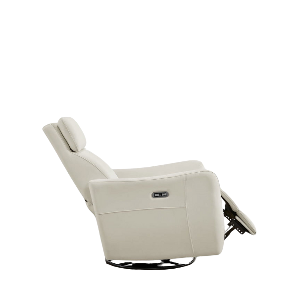 Cream white power swivel rocker recliner with 270° swivel, smooth gliding recline, USB charging port, and durable faux leather fabric. Supports up to 350 lbs, perfect for living room, bedroom, or nursery. Easy assembly and quiet motor.