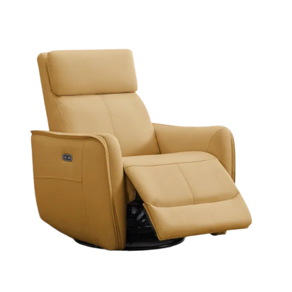 Golden yellow power swivel rocker recliner with 270° swivel, smooth gliding recline, USB charging port, and durable faux leather fabric. Supports up to 350 lbs, perfect for living room, bedroom, or nursery. Easy assembly and quiet motor.
