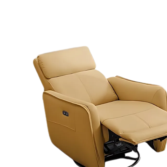 Golden yellow power swivel rocker recliner with 270° swivel, smooth gliding recline, USB charging port, and durable faux leather fabric. Supports up to 350 lbs, perfect for living room, bedroom, or nursery. Easy assembly and quiet motor.