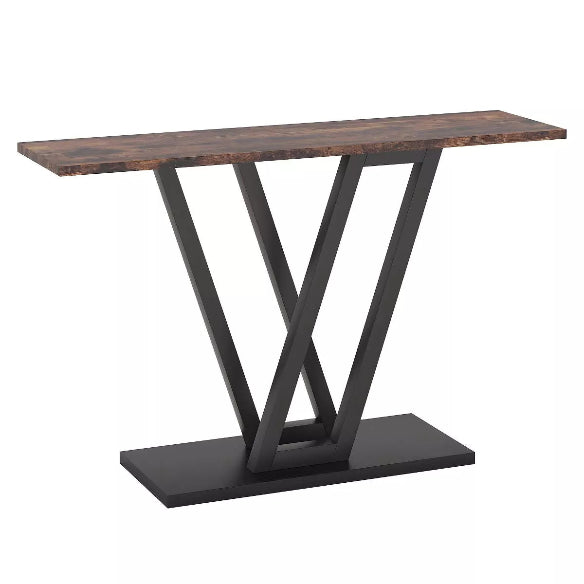 Brown rectangular console table with wood frame, spacious storage drawers, and upper shelf. Modern minimalist design, perfect for home entertainment centers, offices, or studies.