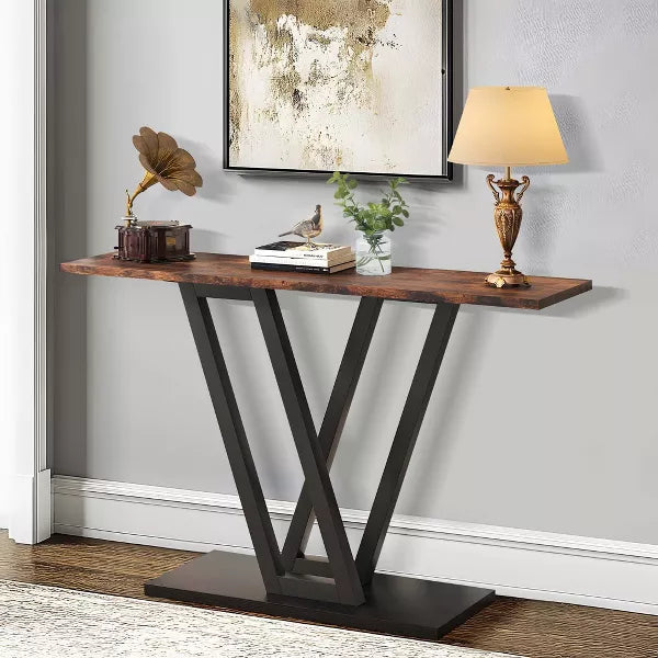 Brown rectangular console table with wood frame, spacious storage drawers, and upper shelf. Modern minimalist design, perfect for home entertainment centers, offices, or studies.