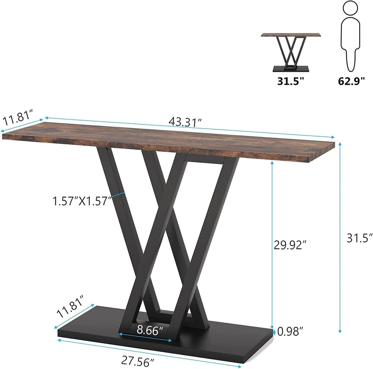 Brown rectangular console table with wood frame, spacious storage drawers, and upper shelf. Modern minimalist design, perfect for home entertainment centers, offices, or studies.