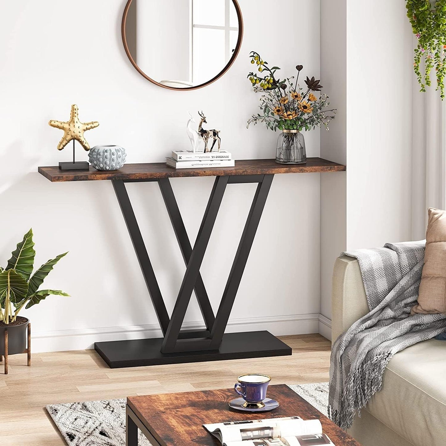 Brown rectangular console table with wood frame, spacious storage drawers, and upper shelf. Modern minimalist design, perfect for home entertainment centers, offices, or studies.