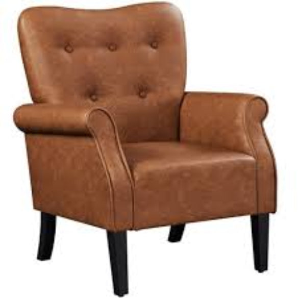 Retro-inspired brown accent chair featuring a sleek wingback design, rolled armrests, and black-finish tapered legs. Upholstered in water-resistant PU leather with a button-tufted backrest for added elegance. The chair offers a comfortable and stylish seating solution with its high-resiliency foam padding and durable rubberwood legs. Perfect for living rooms, bedrooms, offices, or cozy reading nooks, this chair combines timeless mid-century modern charm with versatile functionality.