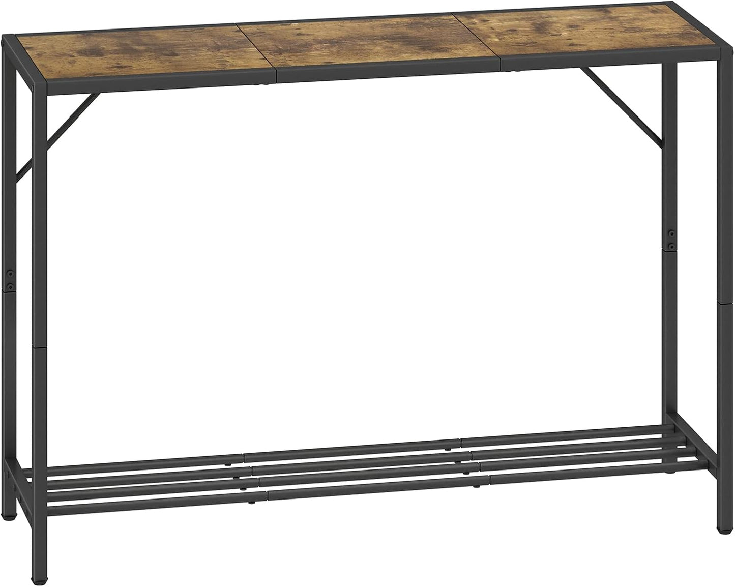 Rustic brown 2-tier console table with metal frame, ideal for entryways, hallways, or behind sofas. Provides stylish storage and decor with adjustable feet for stability.