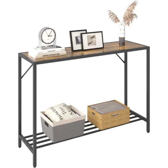 Rustic brown 2-tier console table with metal frame, ideal for entryways, hallways, or behind sofas. Provides stylish storage and decor with adjustable feet for stability.