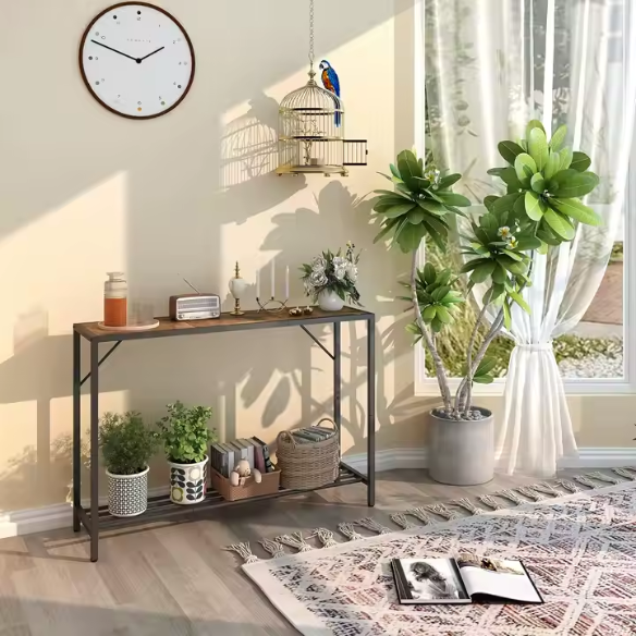 Rustic brown 2-tier console table with metal frame, ideal for entryways, hallways, or behind sofas. Provides stylish storage and decor with adjustable feet for stability.