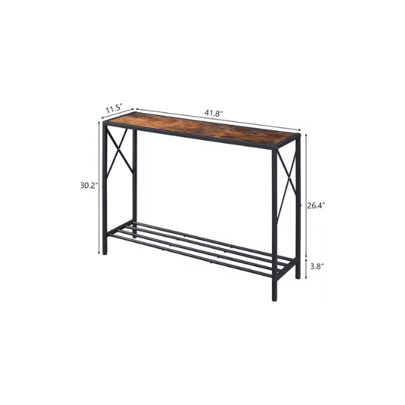 Rustic brown 2-tier console table with metal frame, ideal for entryways, hallways, or behind sofas. Provides stylish storage and decor with adjustable feet for stability.