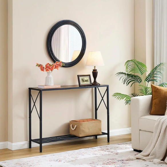 Rustic brown 2-tier console table with metal frame, ideal for entryways, hallways, or behind sofas. Provides stylish storage and decor with adjustable feet for stability.
