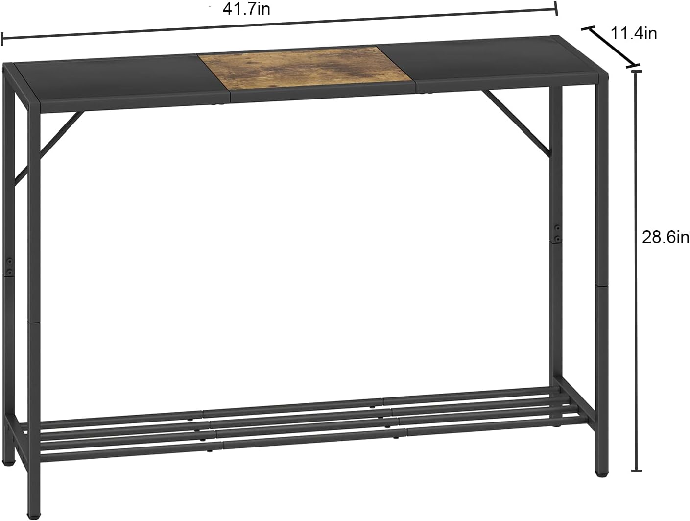 Rustic brown and black 2-tier console table with metal frame, featuring a wood grain top. Ideal for entryways, hallways, or behind sofas, offering stylish storage and decor with adjustable feet for stability.