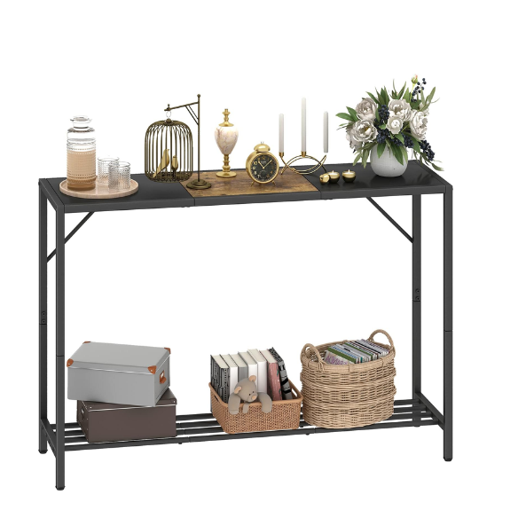 Rustic brown and black 2-tier console table with metal frame, featuring a wood grain top. Ideal for entryways, hallways, or behind sofas, offering stylish storage and decor with adjustable feet for stability.