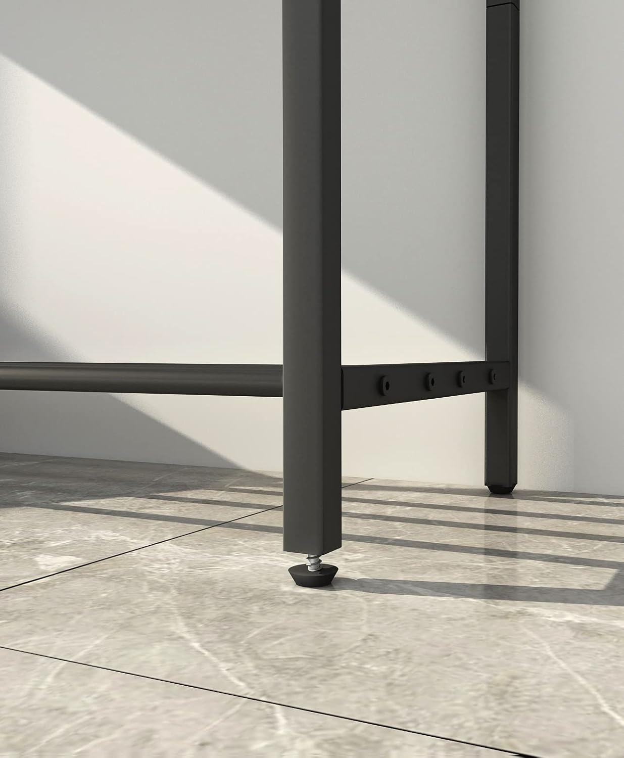 Rustic brown and black 2-tier console table with metal frame, featuring a wood grain top. Ideal for entryways, hallways, or behind sofas, offering stylish storage and decor with adjustable feet for stability.