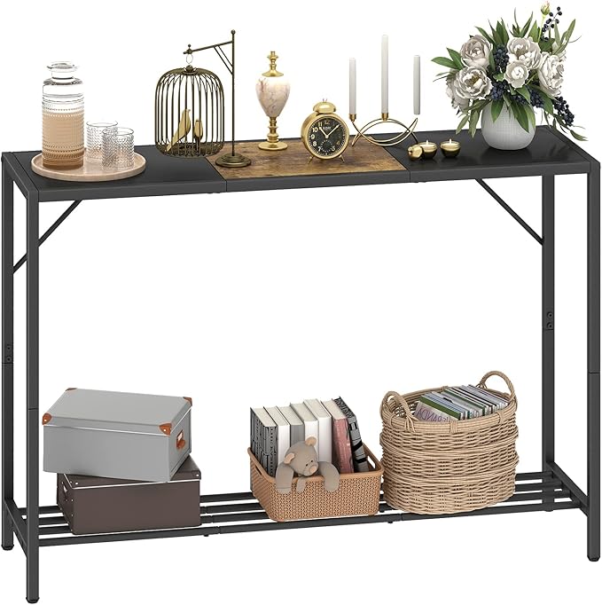 Rustic brown and black 2-tier console table with metal frame, featuring a wood grain top. Ideal for entryways, hallways, or behind sofas, offering stylish storage and decor with adjustable feet for stability.