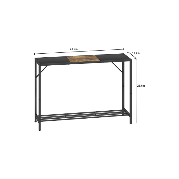 Rustic brown and black 2-tier console table with metal frame, featuring a wood grain top. Ideal for entryways, hallways, or behind sofas, offering stylish storage and decor with adjustable feet for stability.
