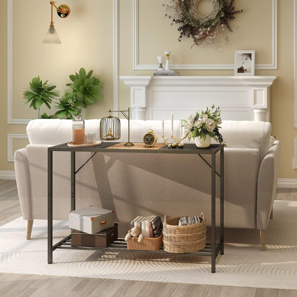 Rustic brown and black 2-tier console table with metal frame, featuring a wood grain top. Ideal for entryways, hallways, or behind sofas, offering stylish storage and decor with adjustable feet for stability.