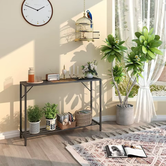 Rustic brown and black 2-tier console table with metal frame, featuring a wood grain top. Ideal for entryways, hallways, or behind sofas, offering stylish storage and decor with adjustable feet for stability.