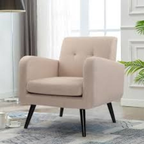 A beige Mid-Century Modern accent chair featuring a square tufted back, gracefully curved arms, and solid birch wood tapered legs with a dark espresso finish. Upholstered in 100% polyester fabric, the chair includes a thick foam cushion for comfort and is designed for small spaces. Perfect for living rooms, offices, bedrooms, or reading nooks, this chair blends timeless style and durability. It has a weight capacity of 300 lbs and requires easy assembly.