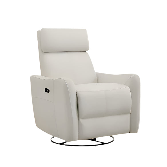Cream white power swivel rocker recliner with 270° swivel, smooth gliding recline, USB charging port, and durable faux leather fabric. Supports up to 350 lbs, perfect for living room, bedroom, or nursery. Easy assembly and quiet motor.