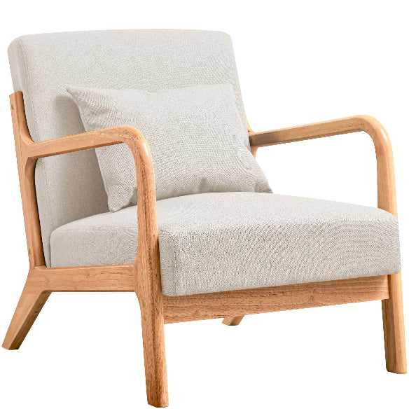 Beige low-back accent chair with plush cushions and ergonomic design, featuring a solid wood frame and footpads for stability. Ideal for living rooms, bedrooms, or offices, offering comfort and support with high-density sponge cushioning and breathable linen fabric. Easy to assemble and maintain, perfect for relaxation and reading.