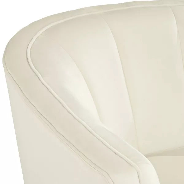 Elegant cream beige velvet shell-shaped accent chair with tufted design and gold-finished metal legs, offering comfort and modern sophistication for living rooms, bedrooms, or offices.
