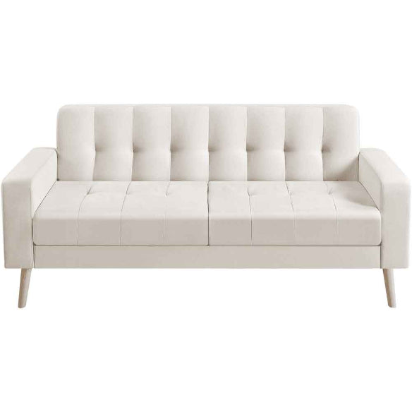 Mid-Century Modern 2-Seater Loveseat in elegant beige, featuring sleek lines, tapered wood-grain legs, USB charging ports, and comfortable foam cushions. Perfect for smaller spaces, living rooms, or offices.