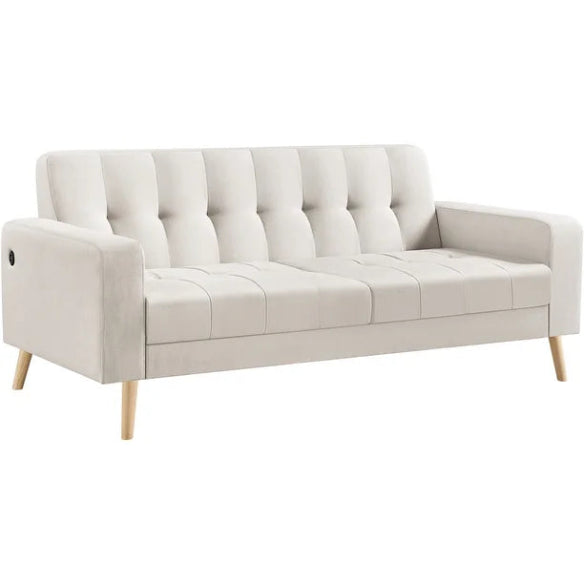 Mid-Century Modern 2-Seater Loveseat in elegant beige, featuring sleek lines, tapered wood-grain legs, USB charging ports, and comfortable foam cushions. Perfect for smaller spaces, living rooms, or offices.