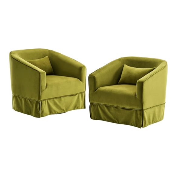A set of two Juniper Olive Green Swivel Accent Chairs featuring a rich olive green fabric with soft, comfortable upholstery. The chairs are designed with a minimalist metal frame and elegant wood accent details. They include a 360-degree swivel base for easy rotation, offering flexibility and movement. The sturdy construction, foam and spring cushioning, and generous seating make these chairs perfect for living rooms, offices, bedrooms, or reading corners, combining modern design with timeless charm.