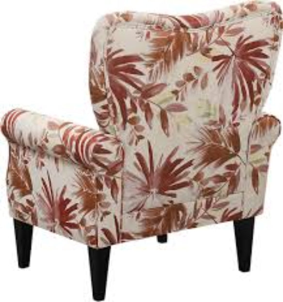 Red Floral Accent Chair featuring a vibrant red floral pattern on soft fabric upholstery with a gently sloping backrest, padded armrests, and elegant tapered wooden legs. Perfectly designed for comfort and style, ideal for living rooms, studies, or reading nooks, blending modern elegance with a timeless floral design.