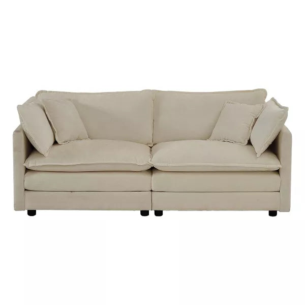 Luxurious cream beige velvet corduroy sofa with deep cushions, foam and pocket spring construction, sleek black plastic legs, offering sophisticated comfort and versatile style for modern living rooms, offices, and apartments.