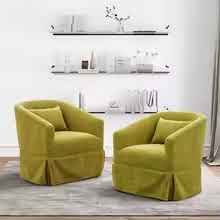 A set of two Juniper Olive Green Swivel Accent Chairs featuring a rich olive green fabric with soft, comfortable upholstery. The chairs are designed with a minimalist metal frame and elegant wood accent details. They include a 360-degree swivel base for easy rotation, offering flexibility and movement. The sturdy construction, foam and spring cushioning, and generous seating make these chairs perfect for living rooms, offices, bedrooms, or reading corners, combining modern design with timeless charm.