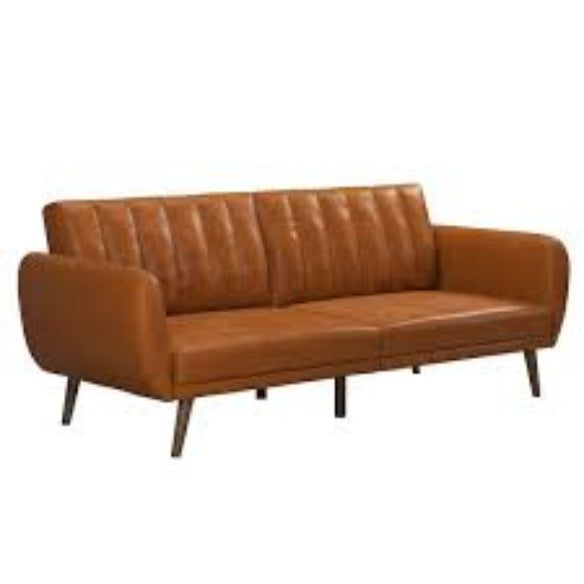 Stylish faux leather futon with ribbed tufted back, oak-colored wooden legs, and multi-position split-back for sitting, lounging, and sleeping. Ideal for small spaces, offering comfort and versatility with a sturdy frame, easy conversion, and extra support for guests.