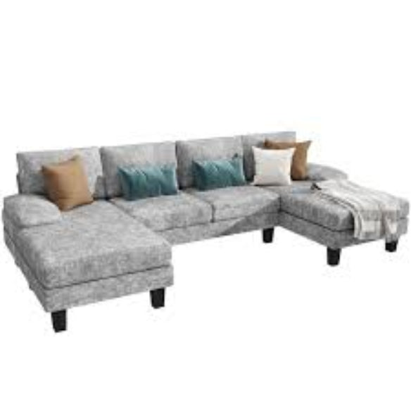 U-shaped sectional sofa with chaise lounges, featuring luxurious grey velvet upholstery, high-density foam, and spring pack for ultimate comfort. Spacious enough to seat 4 people, with removable, machine-washable covers for easy cleaning. Perfect for family rooms or entertaining guests.