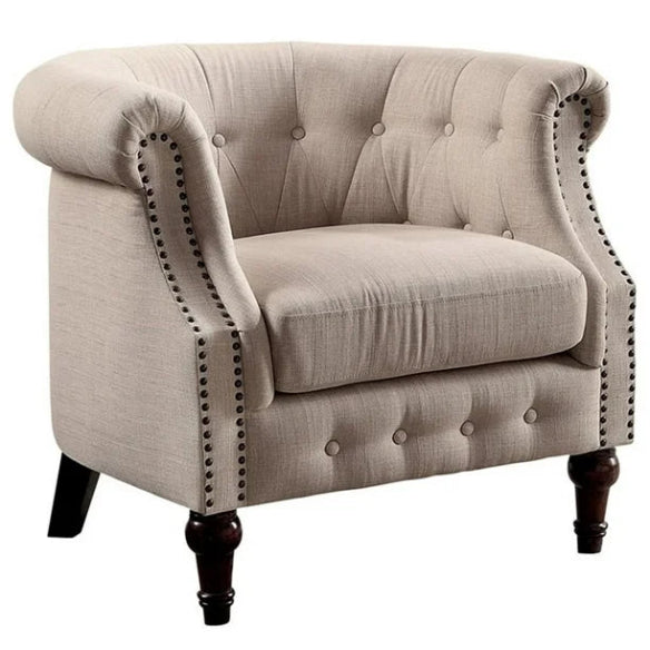 A warm beige mid-century modern accent chair with hand-pulled tufted buttons, silver-toned nailhead accents, and turned wooden legs. The chair features a plush, ergonomic design with foam cushioning and a tufted back for added texture and sophistication. The solid rubberwood frame and durable upholstery ensure long-lasting comfort and support, making it perfect for various rooms including the living room, office, or bedroom.