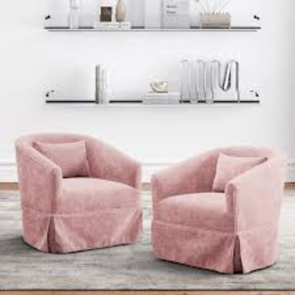 A set of two Blush Pink Swivel Accent Chairs featuring soft pastel pink upholstery. The chairs have a minimalist metal frame with wood detailing, a 360-degree swivel base for easy movement, and foam and spring cushioning for comfort. They are designed to blend modern aesthetics with natural beauty, offering a stylish and versatile seating solution for various home décor styles.