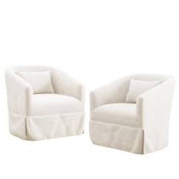 A set of two beige cream swivel accent chairs with soft linen blend upholstery, sleek metal frames, and wood accent details. The chairs feature a 360-degree swivel base for easy movement and are filled with foam and spring cushioning for comfort. The metal legs with steel details provide stability, and the modern design fits well in various spaces like living rooms, bedrooms, and offices. The chairs are sturdy, versatile, and easy to assemble, offering both style and durability for any home.
