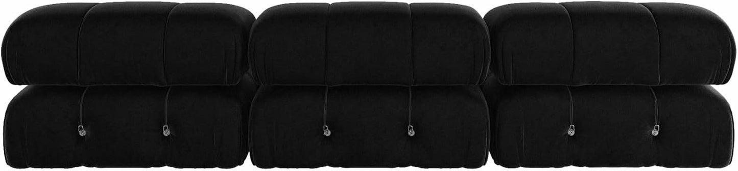 Modern black velvet sectional sofa with plush upholstery, button tufting, and durable wood frame. Versatile design with individual seat cushions for ultimate comfort, supporting up to 330 lbs per seat. Perfect for living rooms, offering easy assembly and a sleek, contemporary style.